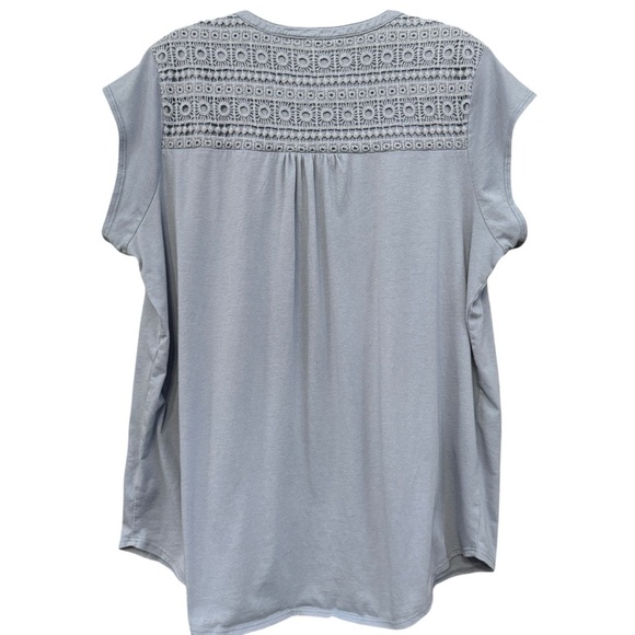Orvis Anna Crochet Lace Yoke Split V Cap Sleeve Top XL Dusty Blue - Picture 2 of 6